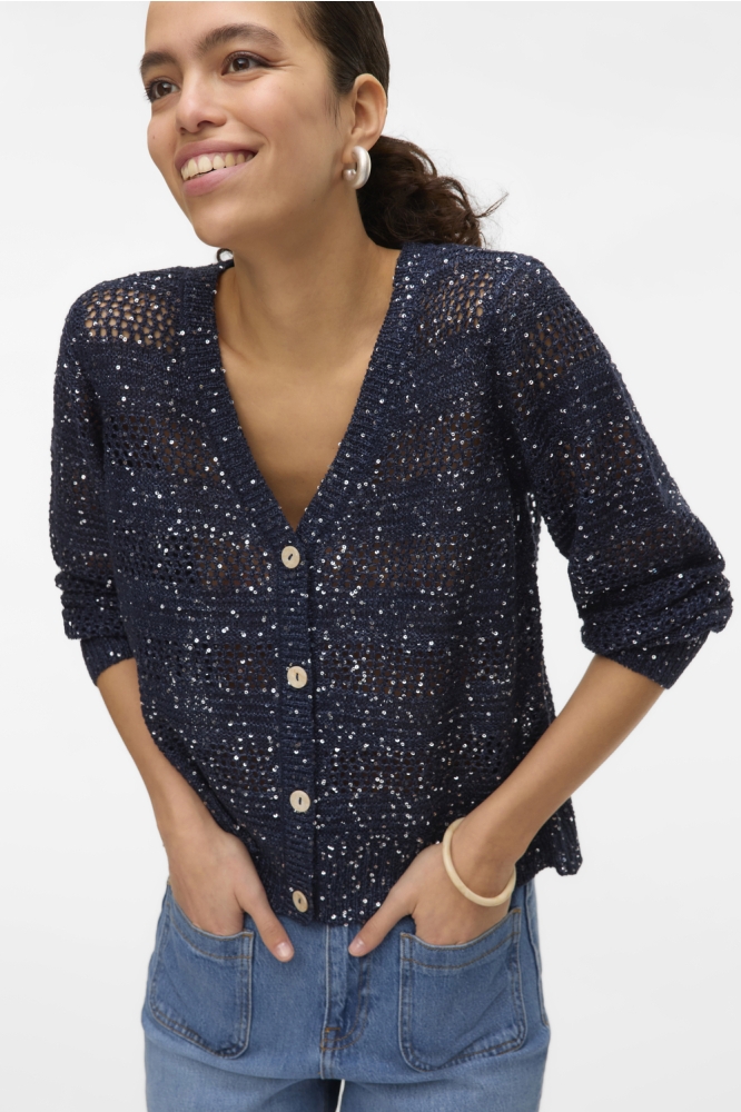 VMLEILANI STRIPE LS V-NECK CARDIGAN 10327775 Navy Blazer/W. SILVER